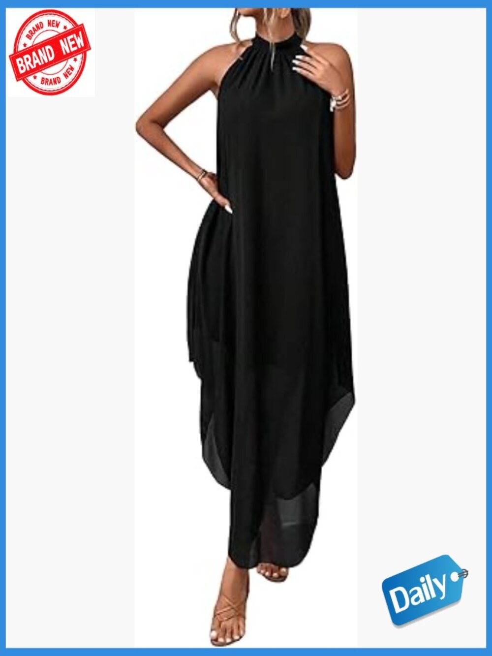 Women's Halter Flowy Chiffon Asymmetrical Maxi Dress